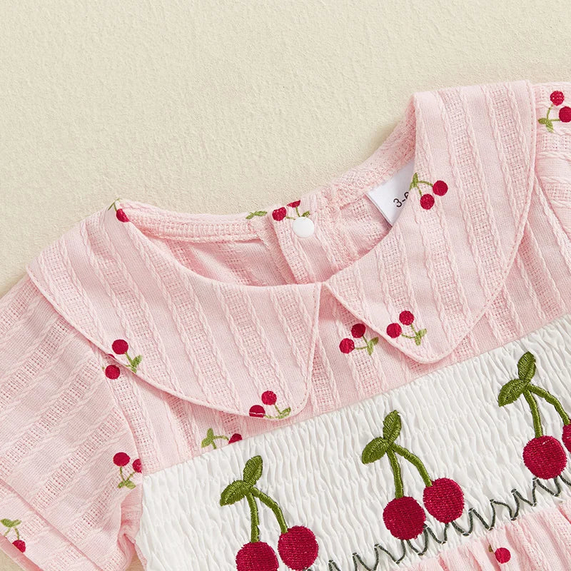 Baby Girl Romper for Summer Loose Fit Cherry Embroidery Smocked Doll Collar Short Sleeve Jumpsuit Newborn Clothes