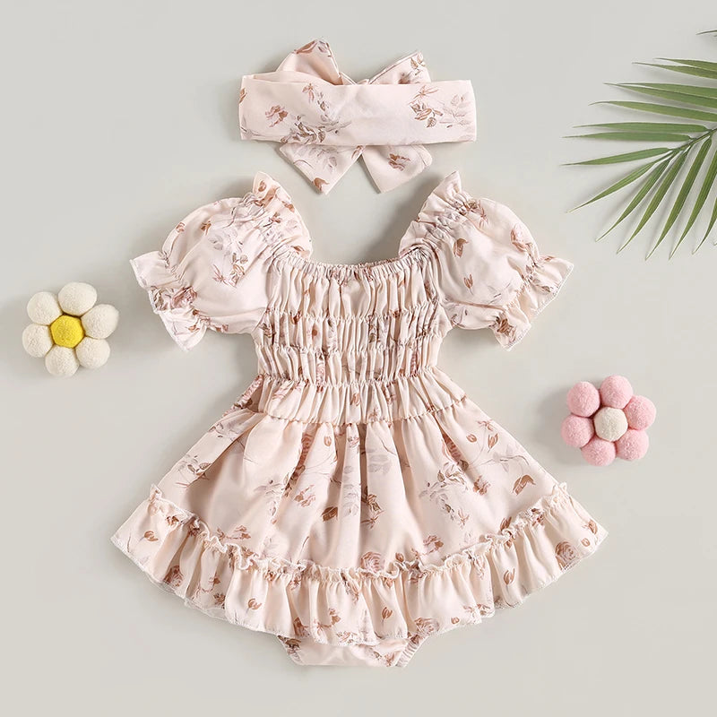 ma&Baby 0-24M Summer Baby Girl Romper Newborn Infant Baby Floral Print Ruffle Jumpsuit Playsuit Sunsuit Headband Outfits