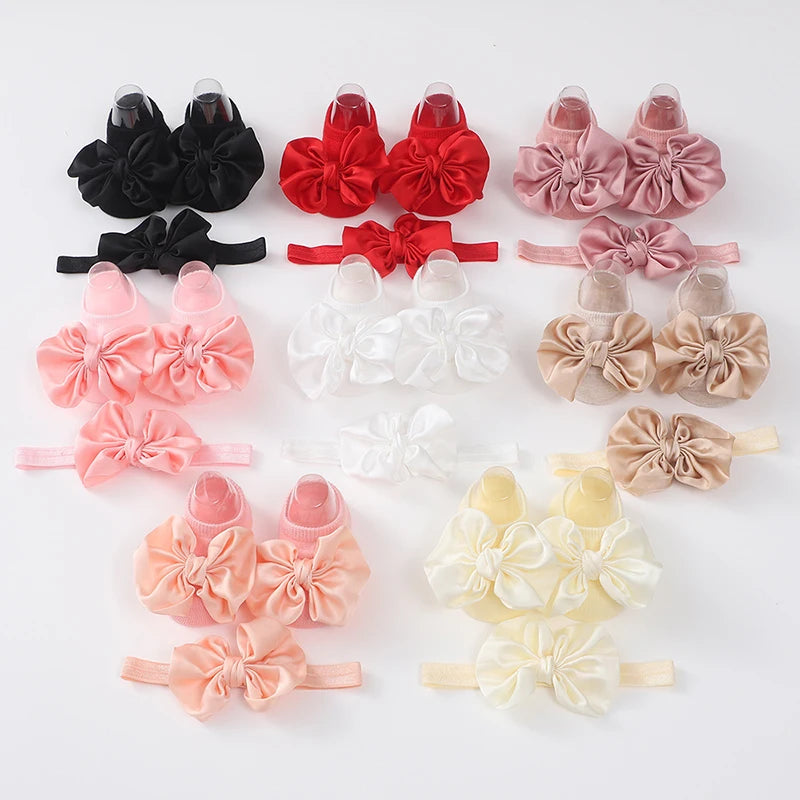2Pcs Baby Bow Headband Socks Set Toddler Girls Solid Color Bowknot Elastic Hairband Turban Soft Anti-Slip Socks Kids