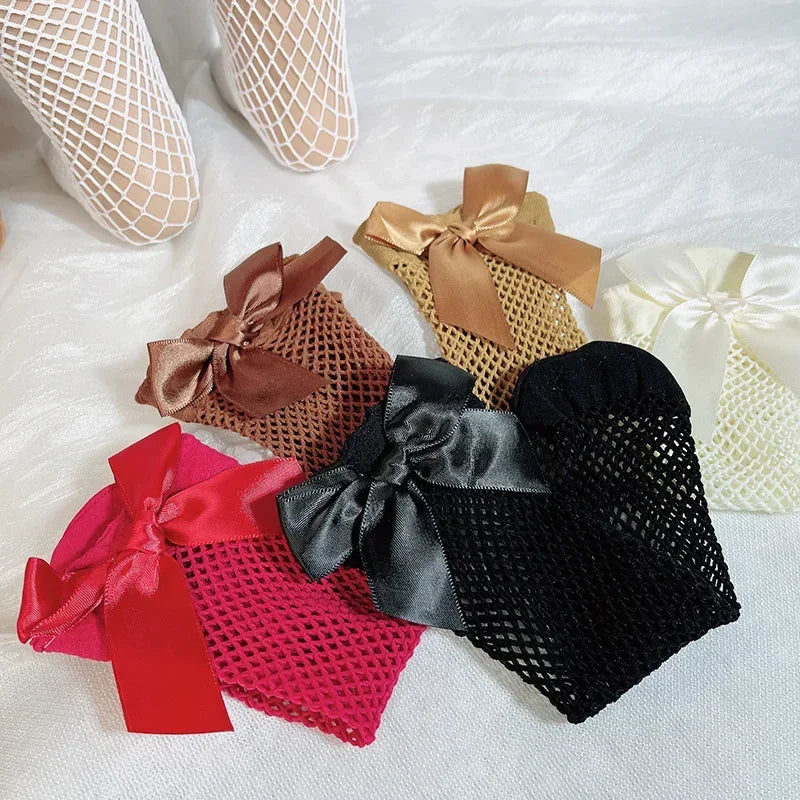 2023 New Bow Fishnet Ankle High Socks Lace Fish Net Vintage Back Bow Short Sock Girl New Summer Wear Baby Girls