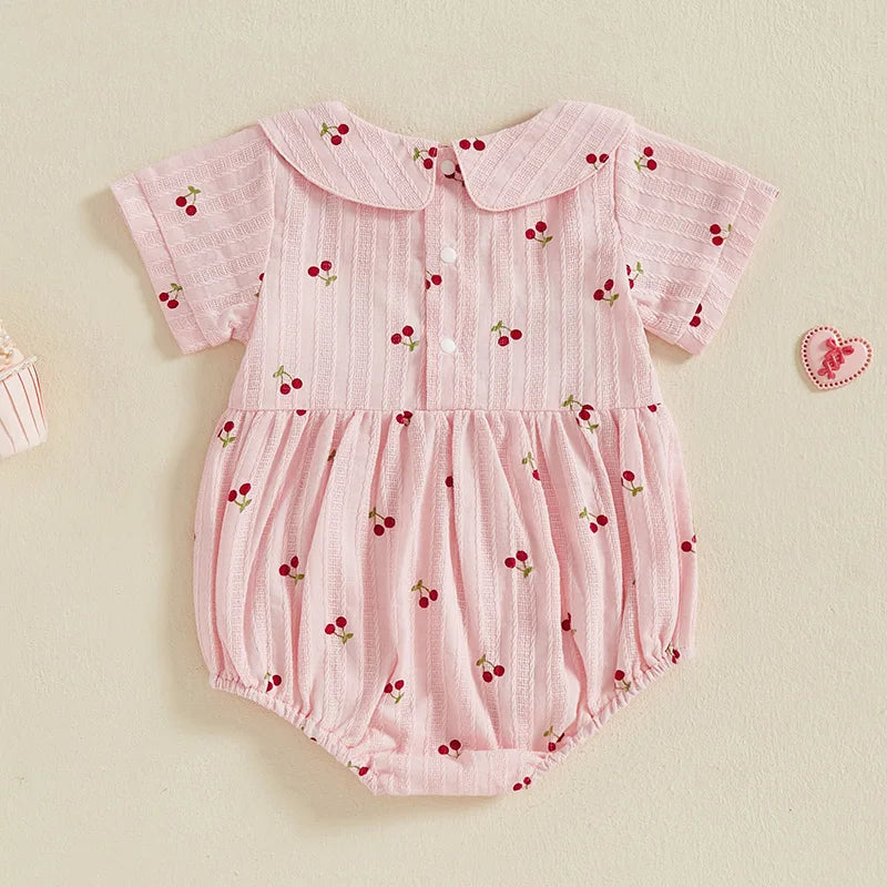 Baby Girl Romper for Summer Loose Fit Cherry Embroidery Smocked Doll Collar Short Sleeve Jumpsuit Newborn Clothes