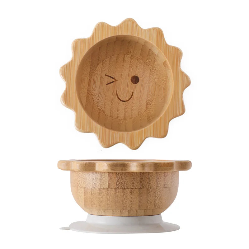 Baby Wooden Tableware Set Could Bamboo Wooden Plate Bowl Silicone Suction Wooden Handle Fork Spoon