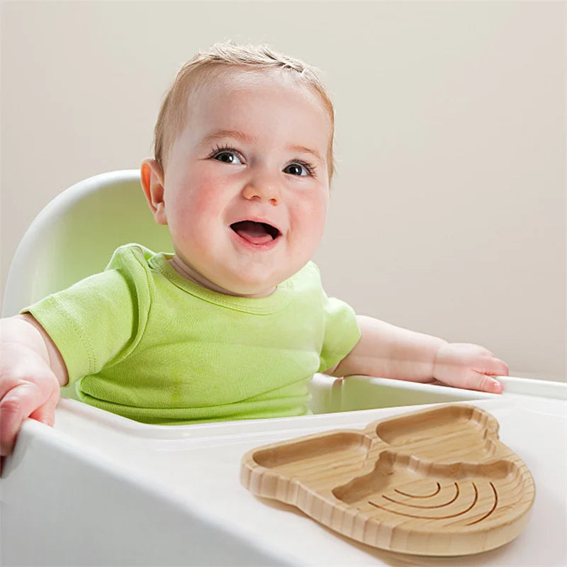 Baby Wooden Tableware Set Could Bamboo Wooden Plate Bowl Silicone Suction Wooden Handle Fork Spoon