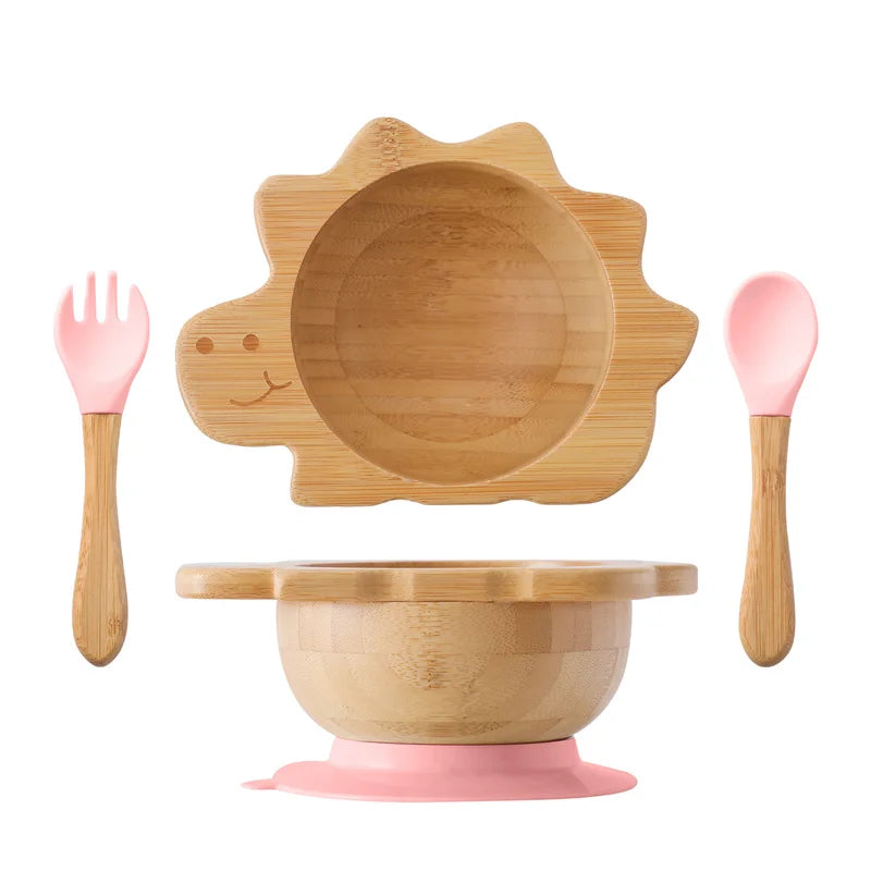 Baby Wooden Tableware Set Could Bamboo Wooden Plate Bowl Silicone Suction Wooden Handle Fork Spoon