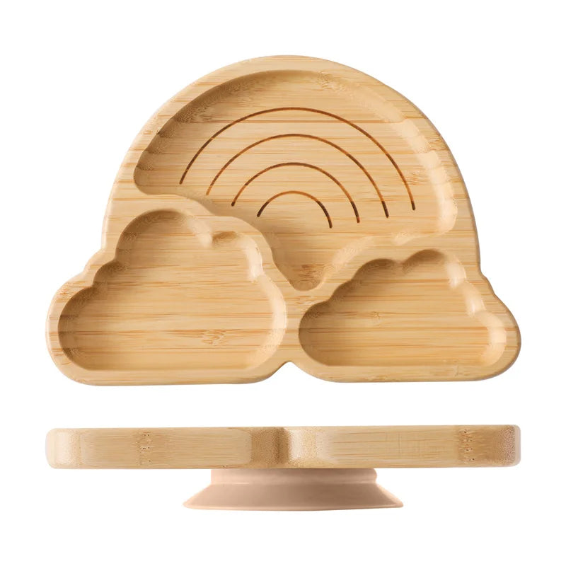 Baby Wooden Tableware Set Could Bamboo Wooden Plate Bowl Silicone Suction Wooden Handle Fork Spoon
