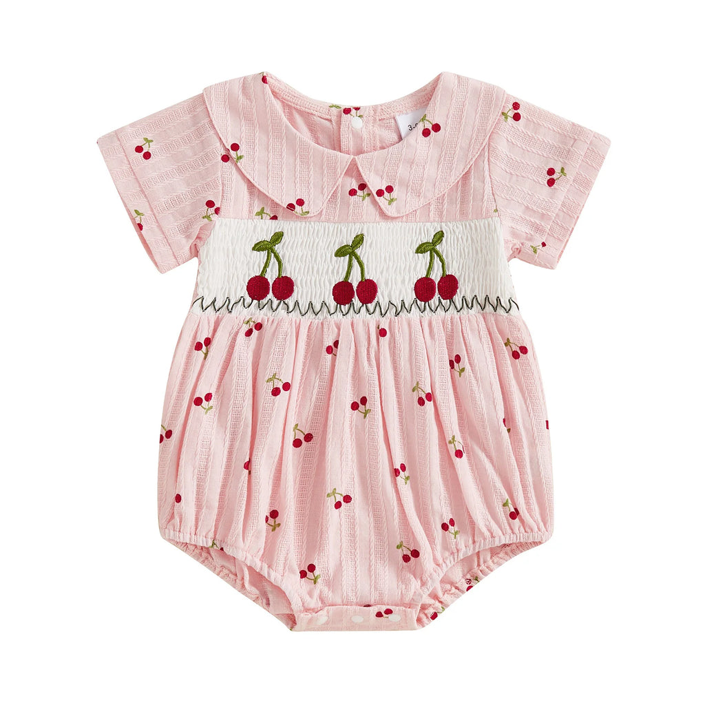 Baby Girl Romper for Summer Loose Fit Cherry Embroidery Smocked Doll Collar Short Sleeve Jumpsuit Newborn Clothes