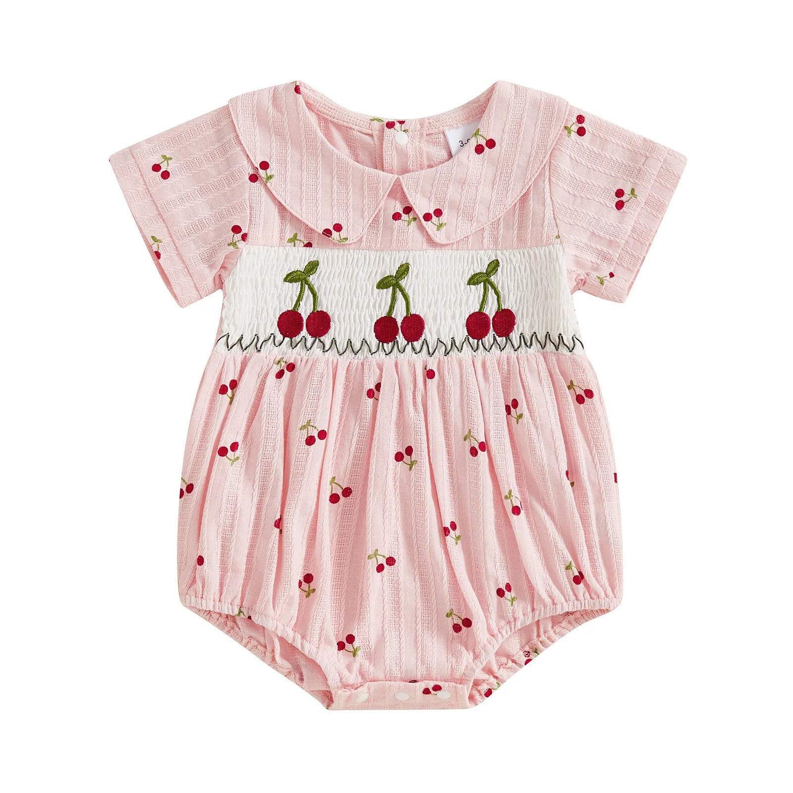 Baby Girl Romper for Summer Loose Fit Cherry Embroidery Smocked Doll Collar Short Sleeve Jumpsuit Newborn Clothes