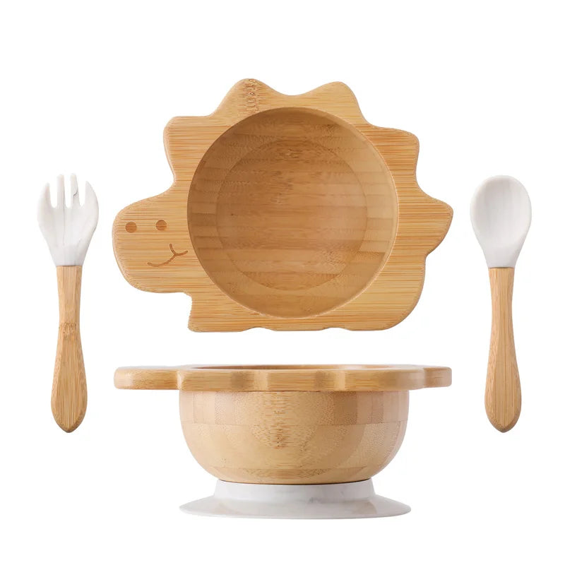 Baby Wooden Tableware Set Could Bamboo Wooden Plate Bowl Silicone Suction Wooden Handle Fork Spoon