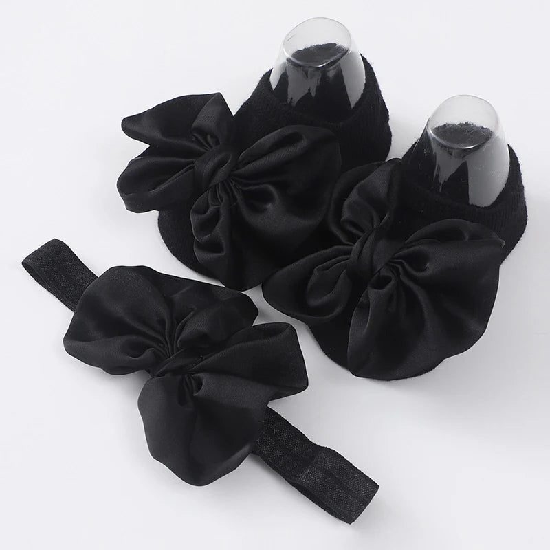2Pcs Baby Bow Headband Socks Set Toddler Girls Solid Color Bowknot Elastic Hairband Turban Soft Anti-Slip Socks Kids