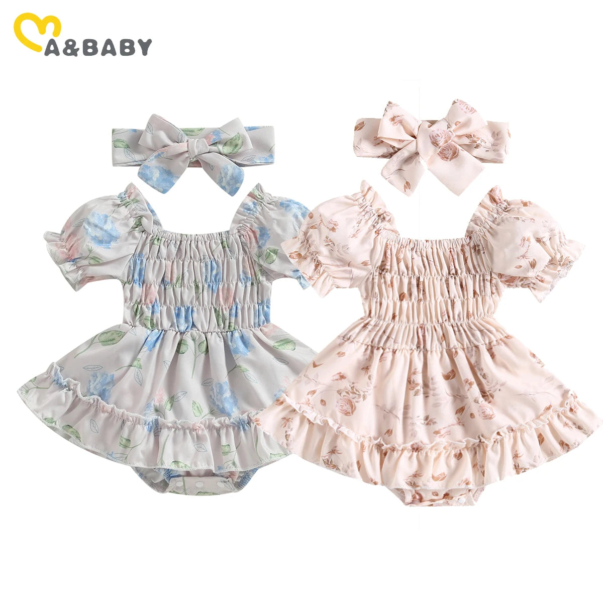 ma&Baby 0-24M Summer Baby Girl Romper Newborn Infant Baby Floral Print Ruffle Jumpsuit Playsuit Sunsuit Headband Outfits