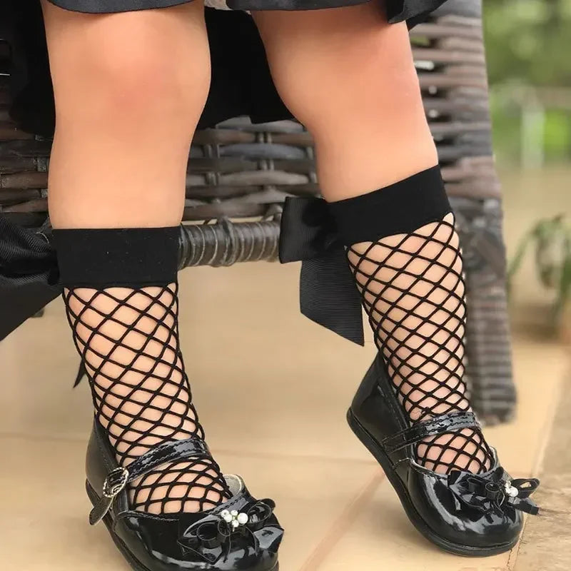 2023 New Bow Fishnet Ankle High Socks Lace Fish Net Vintage Back Bow Short Sock Girl New Summer Wear Baby Girls