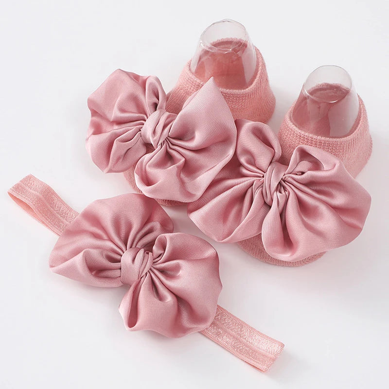 2Pcs Baby Bow Headband Socks Set Toddler Girls Solid Color Bowknot Elastic Hairband Turban Soft Anti-Slip Socks Kids