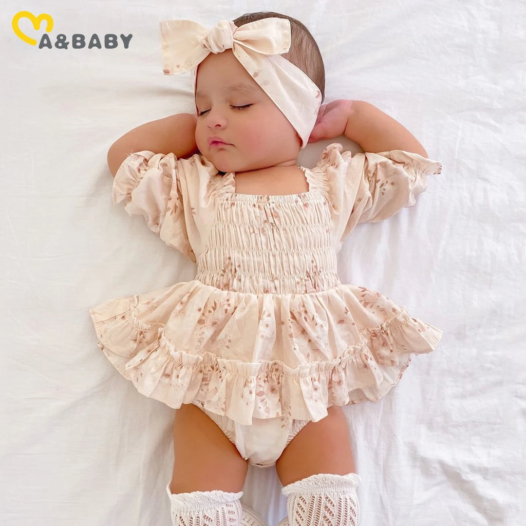 ma&Baby 0-24M Summer Baby Girl Romper Newborn Infant Baby Floral Print Ruffle Jumpsuit Playsuit Sunsuit Headband Outfits