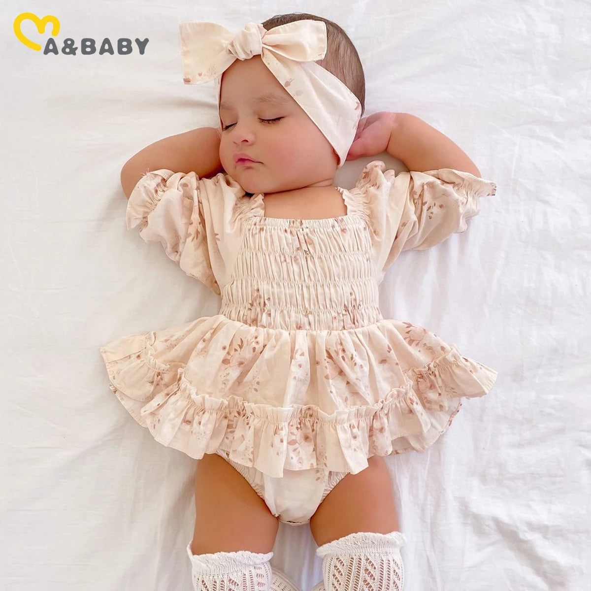 ma&Baby 0-24M Summer Baby Girl Romper Newborn Infant Baby Floral Print Ruffle Jumpsuit Playsuit Sunsuit Headband Outfits