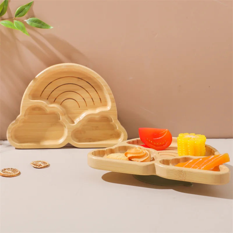 Baby Wooden Tableware Set Could Bamboo Wooden Plate Bowl Silicone Suction Wooden Handle Fork Spoon