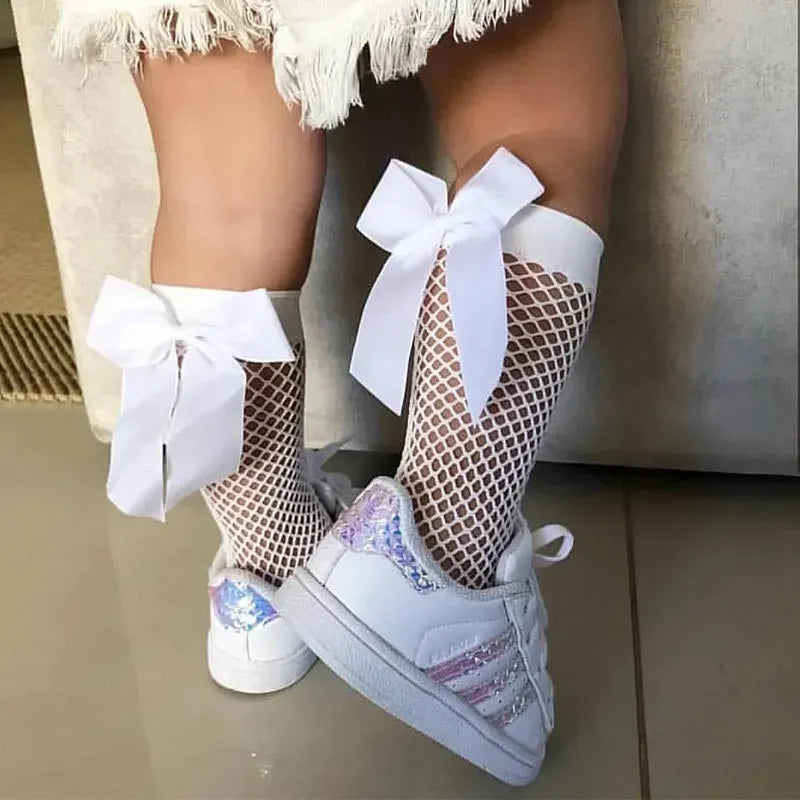2023 New Bow Fishnet Ankle High Socks Lace Fish Net Vintage Back Bow Short Sock Girl New Summer Wear Baby Girls