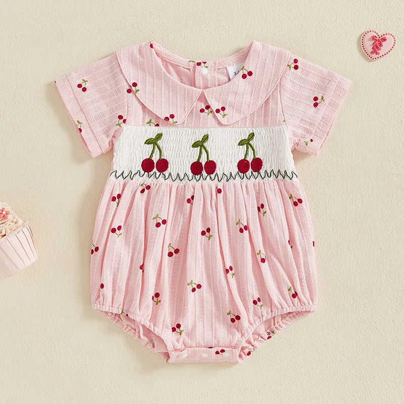 Baby Girl Romper for Summer Loose Fit Cherry Embroidery Smocked Doll Collar Short Sleeve Jumpsuit Newborn Clothes
