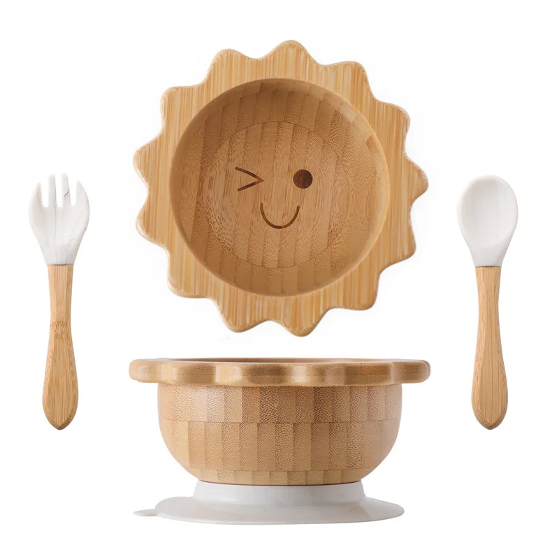 Baby Wooden Tableware Set Could Bamboo Wooden Plate Bowl Silicone Suction Wooden Handle Fork Spoon
