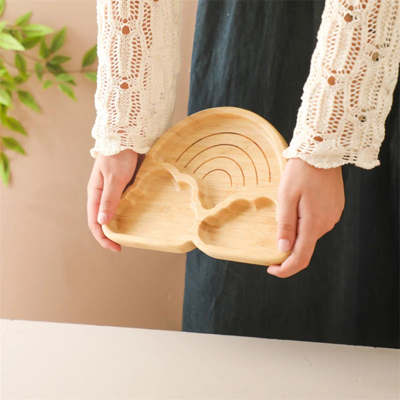 Baby Wooden Tableware Set Could Bamboo Wooden Plate Bowl Silicone Suction Wooden Handle Fork Spoon