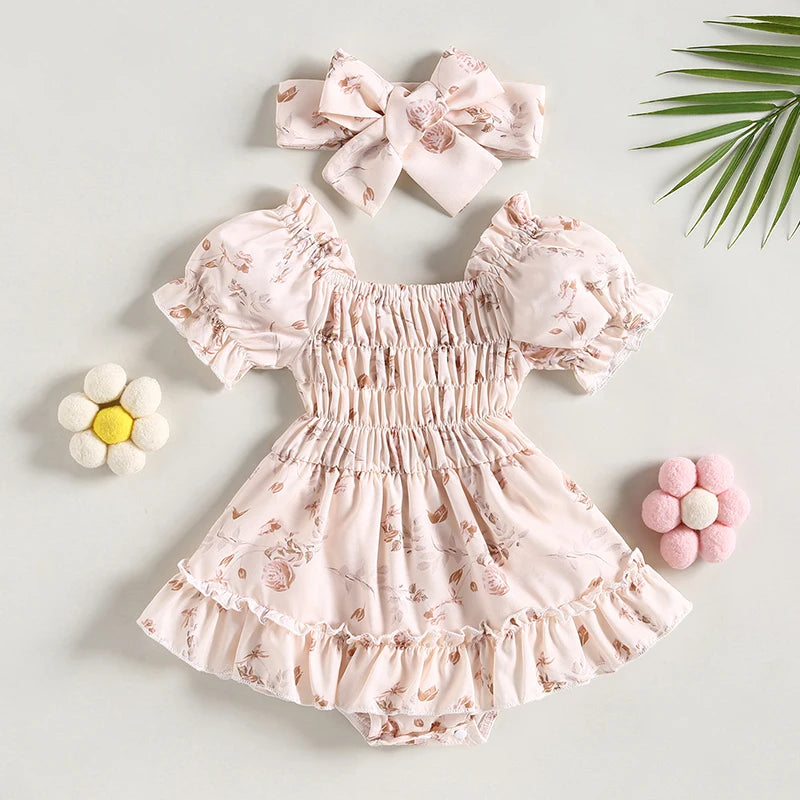ma&Baby 0-24M Summer Baby Girl Romper Newborn Infant Baby Floral Print Ruffle Jumpsuit Playsuit Sunsuit Headband Outfits
