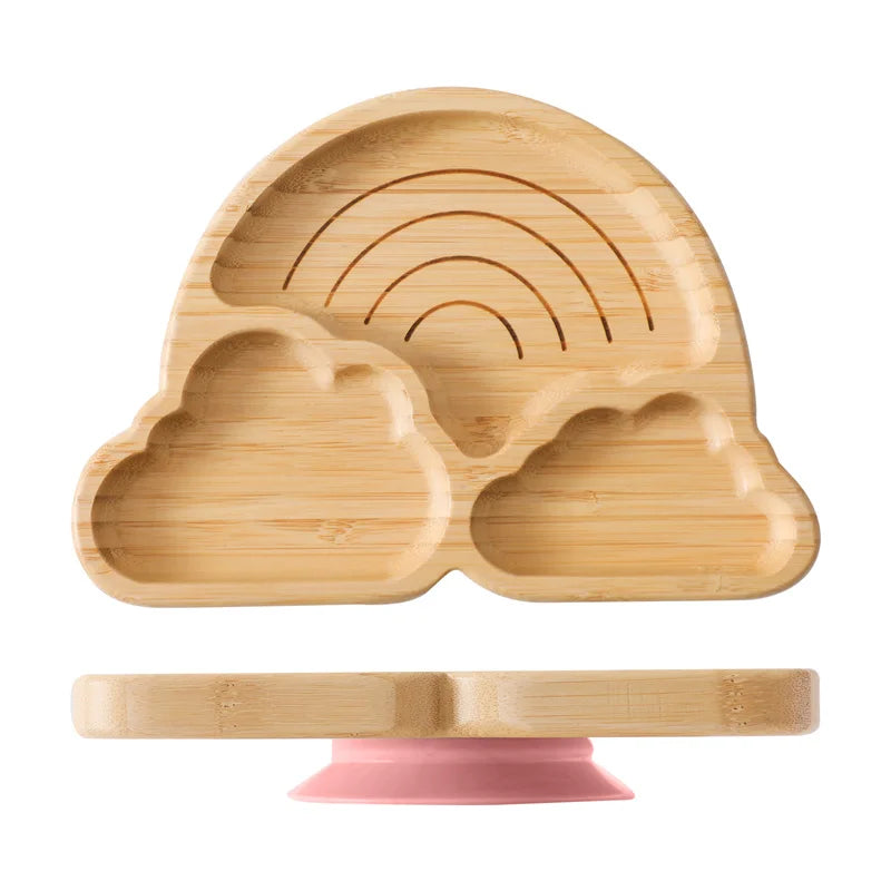 Baby Wooden Tableware Set Could Bamboo Wooden Plate Bowl Silicone Suction Wooden Handle Fork Spoon