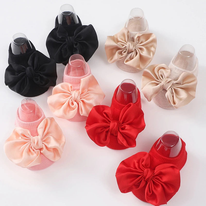 2Pcs Baby Bow Headband Socks Set Toddler Girls Solid Color Bowknot Elastic Hairband Turban Soft Anti-Slip Socks Kids
