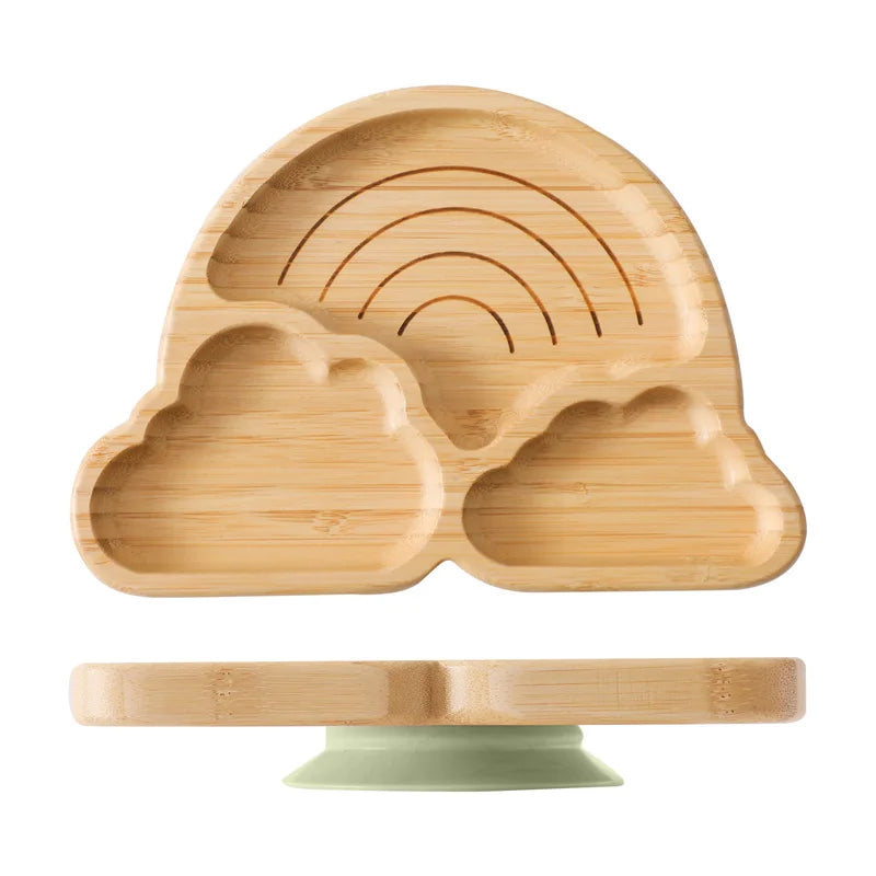 Baby Wooden Tableware Set Could Bamboo Wooden Plate Bowl Silicone Suction Wooden Handle Fork Spoon