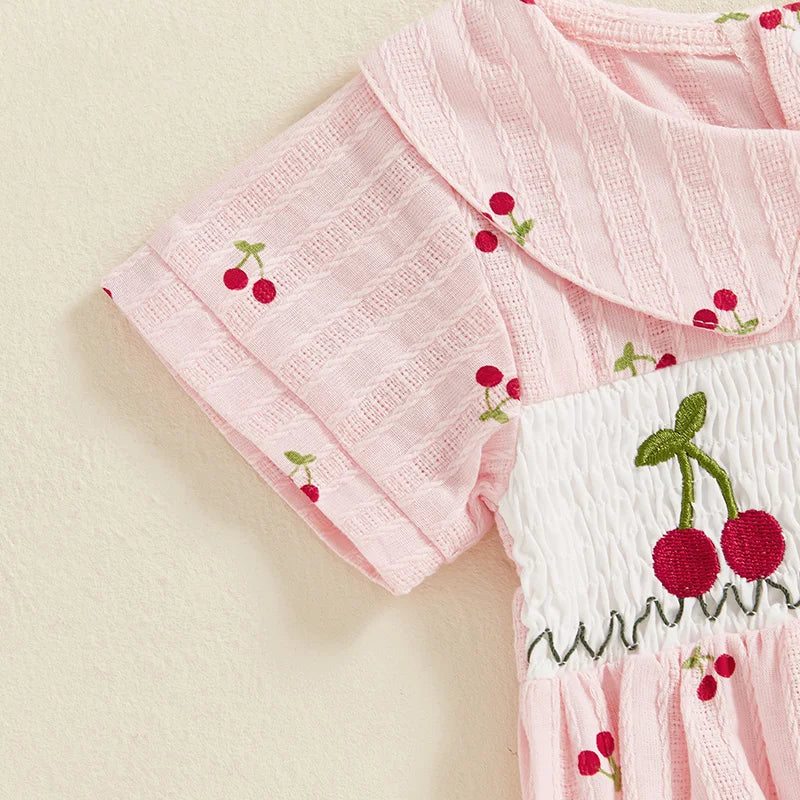 Baby Girl Romper for Summer Loose Fit Cherry Embroidery Smocked Doll Collar Short Sleeve Jumpsuit Newborn Clothes