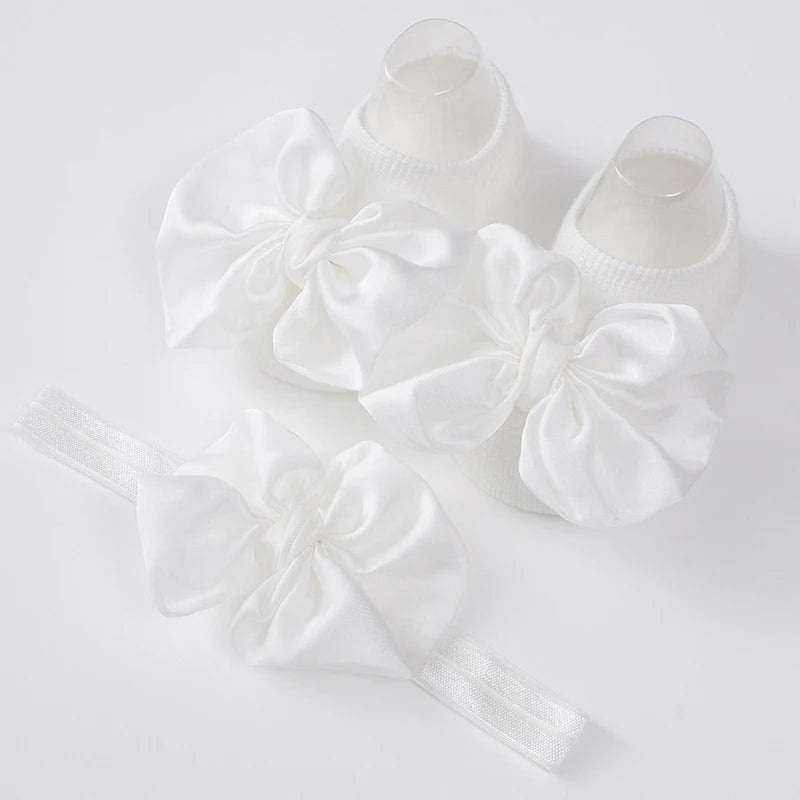 2Pcs Baby Bow Headband Socks Set Toddler Girls Solid Color Bowknot Elastic Hairband Turban Soft Anti-Slip Socks Kids