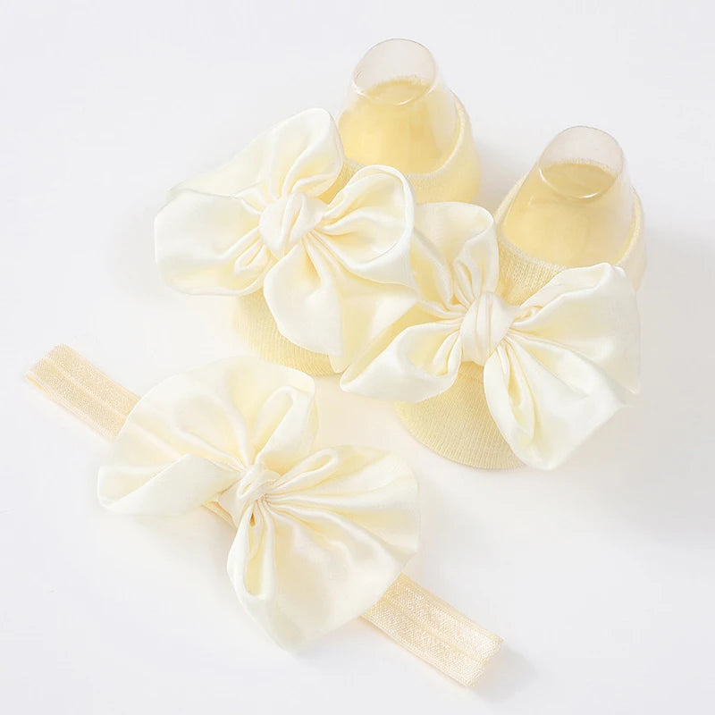 2Pcs Baby Bow Headband Socks Set Toddler Girls Solid Color Bowknot Elastic Hairband Turban Soft Anti-Slip Socks Kids
