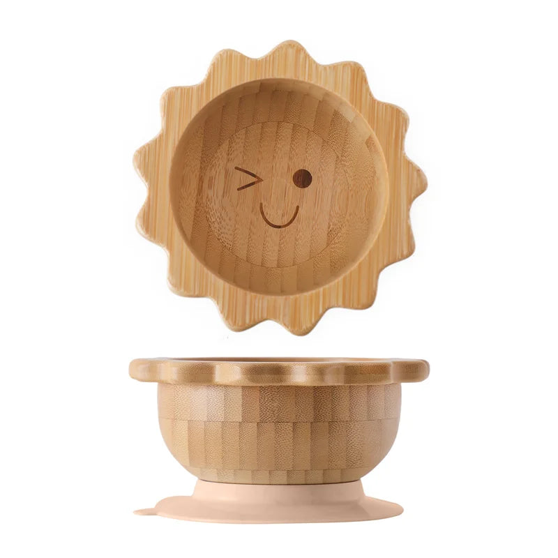 Baby Wooden Tableware Set Could Bamboo Wooden Plate Bowl Silicone Suction Wooden Handle Fork Spoon