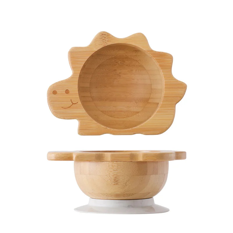 Baby Wooden Tableware Set Could Bamboo Wooden Plate Bowl Silicone Suction Wooden Handle Fork Spoon