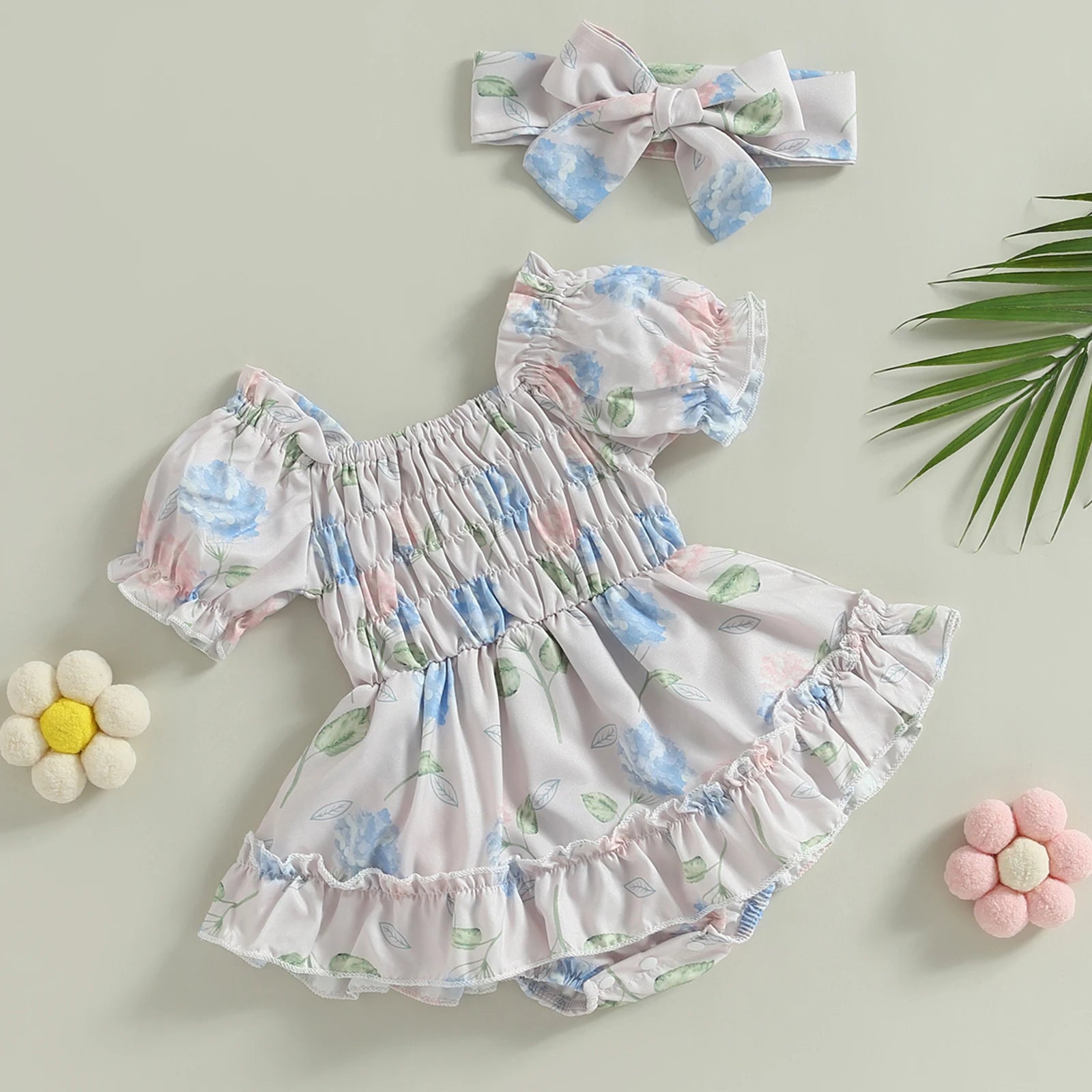 ma&Baby 0-24M Summer Baby Girl Romper Newborn Infant Baby Floral Print Ruffle Jumpsuit Playsuit Sunsuit Headband Outfits