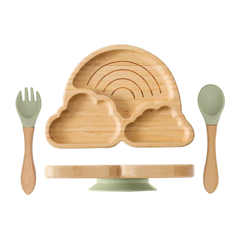 Baby Wooden Tableware Set Could Bamboo Wooden Plate Bowl Silicone Suction Wooden Handle Fork Spoon