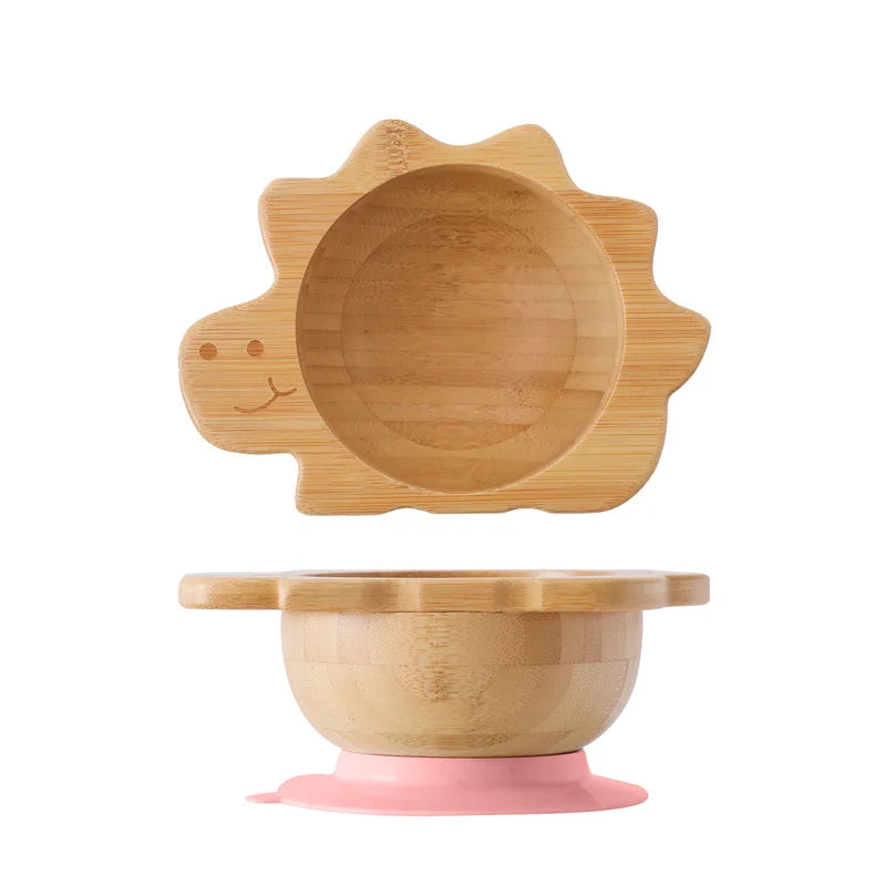 Baby Wooden Tableware Set Could Bamboo Wooden Plate Bowl Silicone Suction Wooden Handle Fork Spoon
