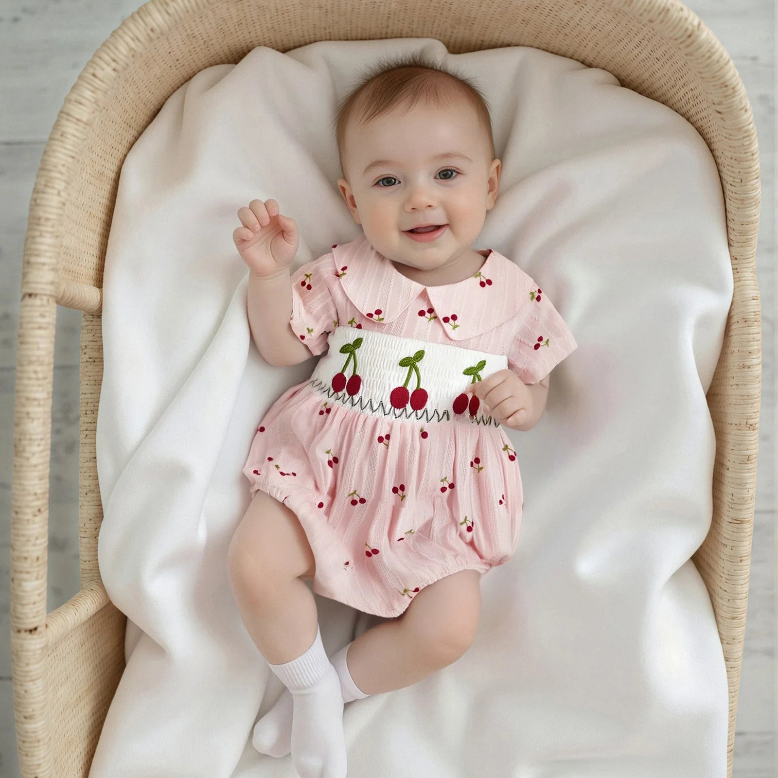 Baby Girl Romper for Summer Loose Fit Cherry Embroidery Smocked Doll Collar Short Sleeve Jumpsuit Newborn Clothes