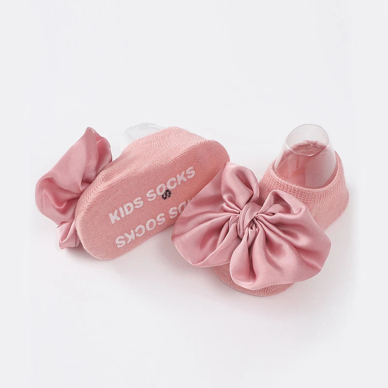2Pcs Baby Bow Headband Socks Set Toddler Girls Solid Color Bowknot Elastic Hairband Turban Soft Anti-Slip Socks Kids