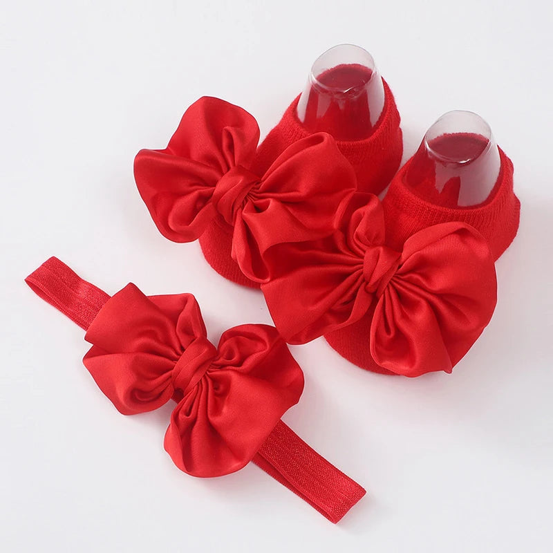 2Pcs Baby Bow Headband Socks Set Toddler Girls Solid Color Bowknot Elastic Hairband Turban Soft Anti-Slip Socks Kids