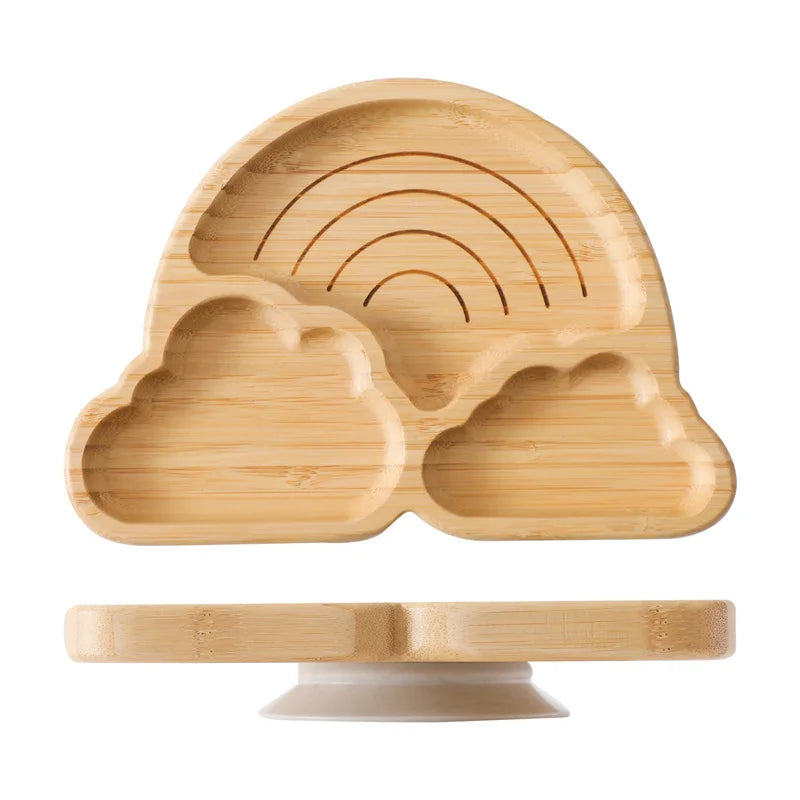 Baby Wooden Tableware Set Could Bamboo Wooden Plate Bowl Silicone Suction Wooden Handle Fork Spoon