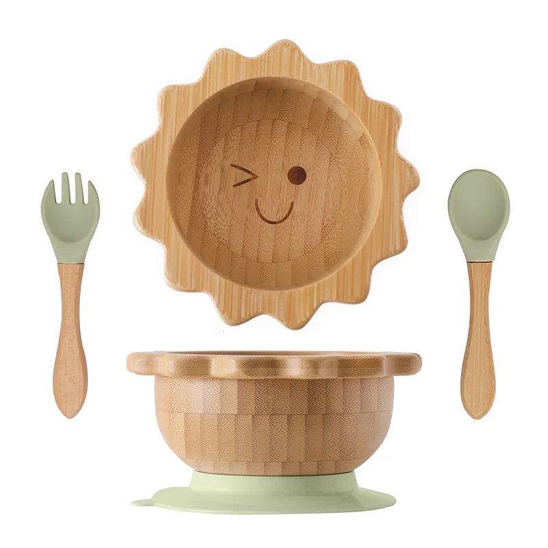 Baby Wooden Tableware Set Could Bamboo Wooden Plate Bowl Silicone Suction Wooden Handle Fork Spoon