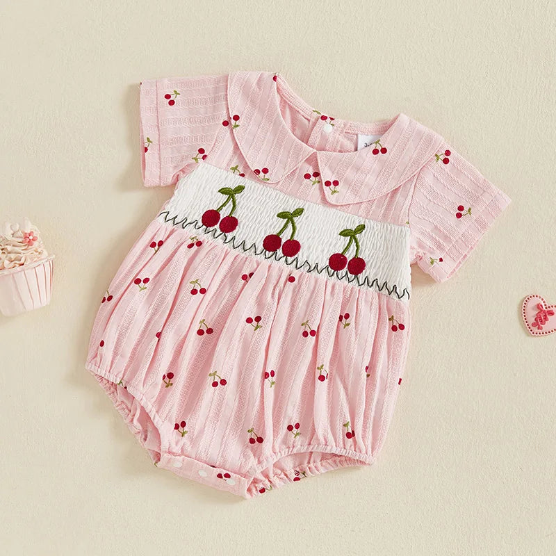 Baby Girl Romper for Summer Loose Fit Cherry Embroidery Smocked Doll Collar Short Sleeve Jumpsuit Newborn Clothes
