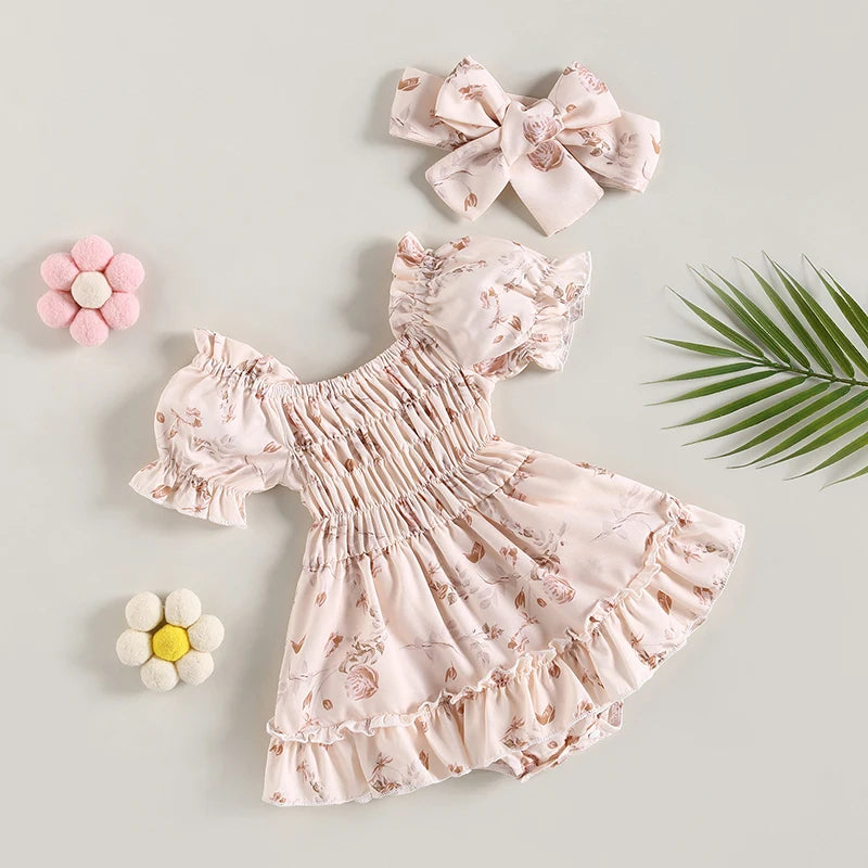 ma&Baby 0-24M Summer Baby Girl Romper Newborn Infant Baby Floral Print Ruffle Jumpsuit Playsuit Sunsuit Headband Outfits