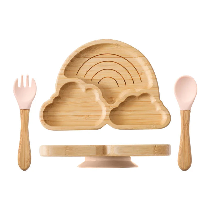 Baby Wooden Tableware Set Could Bamboo Wooden Plate Bowl Silicone Suction Wooden Handle Fork Spoon