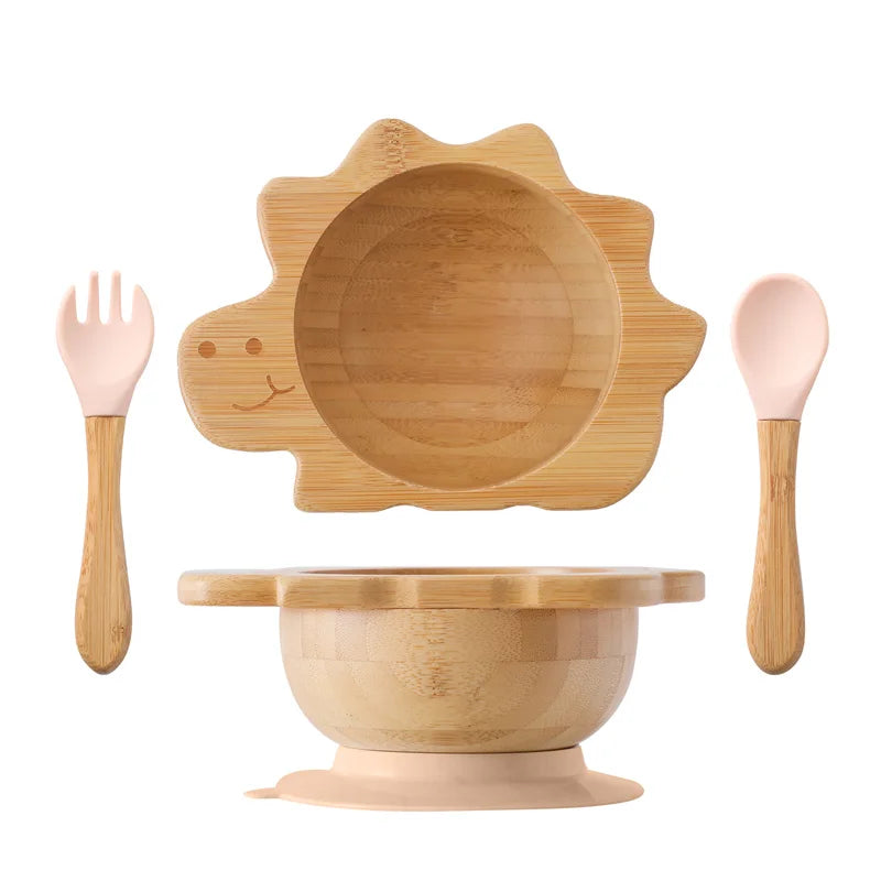 Baby Wooden Tableware Set Could Bamboo Wooden Plate Bowl Silicone Suction Wooden Handle Fork Spoon