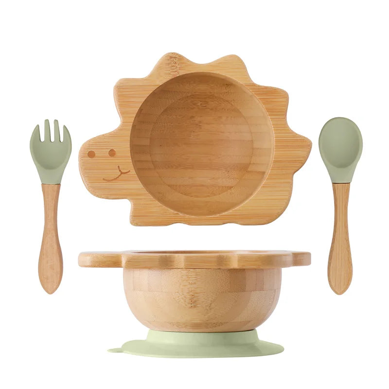 Baby Wooden Tableware Set Could Bamboo Wooden Plate Bowl Silicone Suction Wooden Handle Fork Spoon