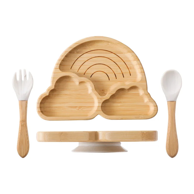 Baby Wooden Tableware Set Could Bamboo Wooden Plate Bowl Silicone Suction Wooden Handle Fork Spoon