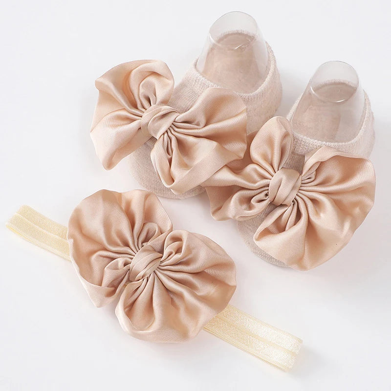 2Pcs Baby Bow Headband Socks Set Toddler Girls Solid Color Bowknot Elastic Hairband Turban Soft Anti-Slip Socks Kids