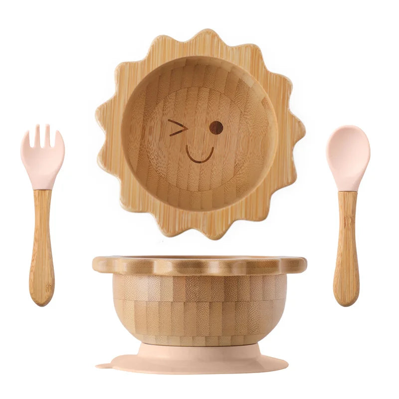 Baby Wooden Tableware Set Could Bamboo Wooden Plate Bowl Silicone Suction Wooden Handle Fork Spoon