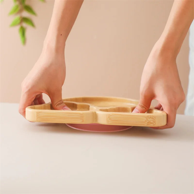 Baby Wooden Tableware Set Could Bamboo Wooden Plate Bowl Silicone Suction Wooden Handle Fork Spoon