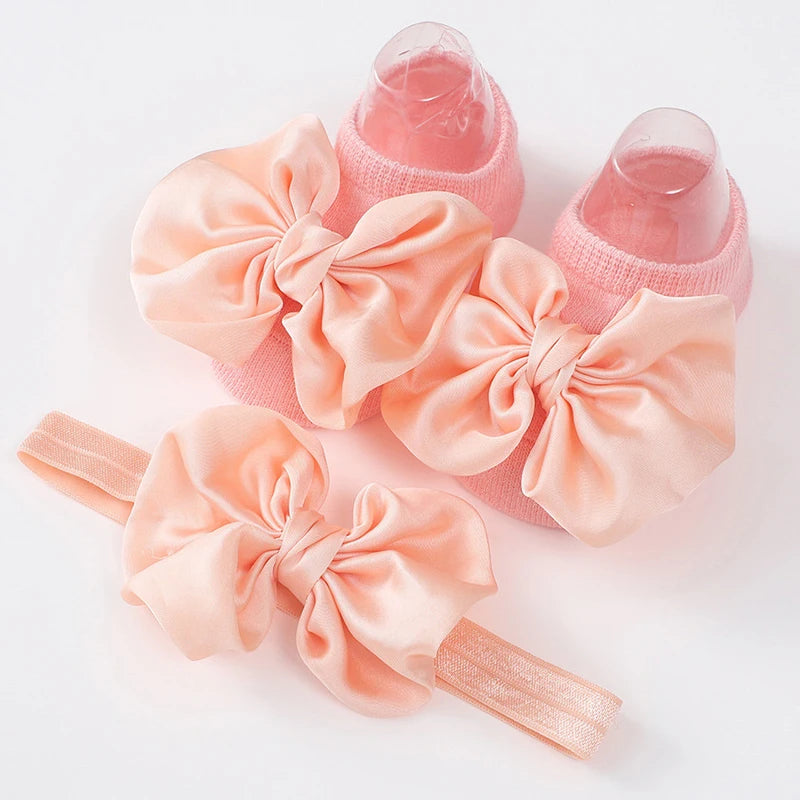 2Pcs Baby Bow Headband Socks Set Toddler Girls Solid Color Bowknot Elastic Hairband Turban Soft Anti-Slip Socks Kids
